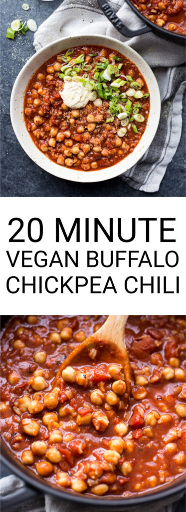 20 Minute Vegan Buffalo Chickpea Chili: A warm, comforting, and spicy chili that takes only 20 minutes to make! Perfect for a cold winter day. || fooduzzi.com recipe #chili #vegandinner #easydinner