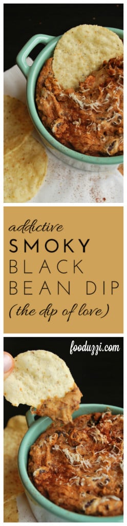 Addictive Smoky Black Bean Dip: You'll love this vegetarian and gluten free Smoky Black Bean Dip as an appetizer, tailgate recipe, or main meal! Bet you can't stop at one bite! || fooduzzi.com recipe