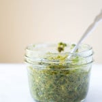 Almond Butter Avocado Pesto: This isn't your nana's pesto! Traditional pesto gets updated with almond butter and avocado! Vegetarian and gluten free and vegan option included! || fooduzzi.com recipe