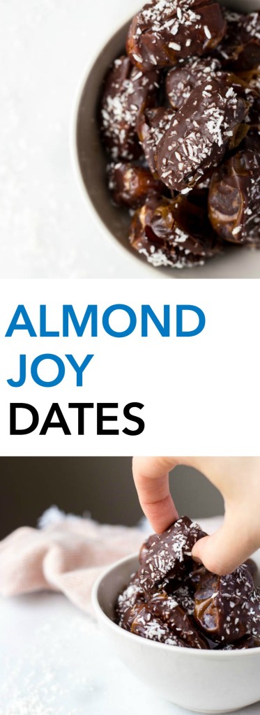 Almond Joy Dates: made with healthy ingredients like almond butter, unsweetened coconut, and a homemade chocolate sauce! These gluten free and vegan treats are the perfect summer snack or dessert, and they require only 6 ingredients! || fooduzzi.com recipe