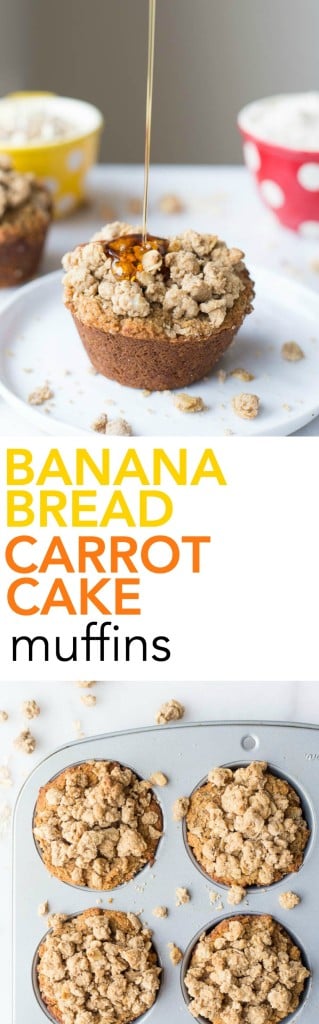 Banana Bread Carrot Cake Muffins: Get in your fruits and veggies in these gluten free, vegan, and healthy muffins! Topped with an addictive streusel! || fooduzzi.com recipe