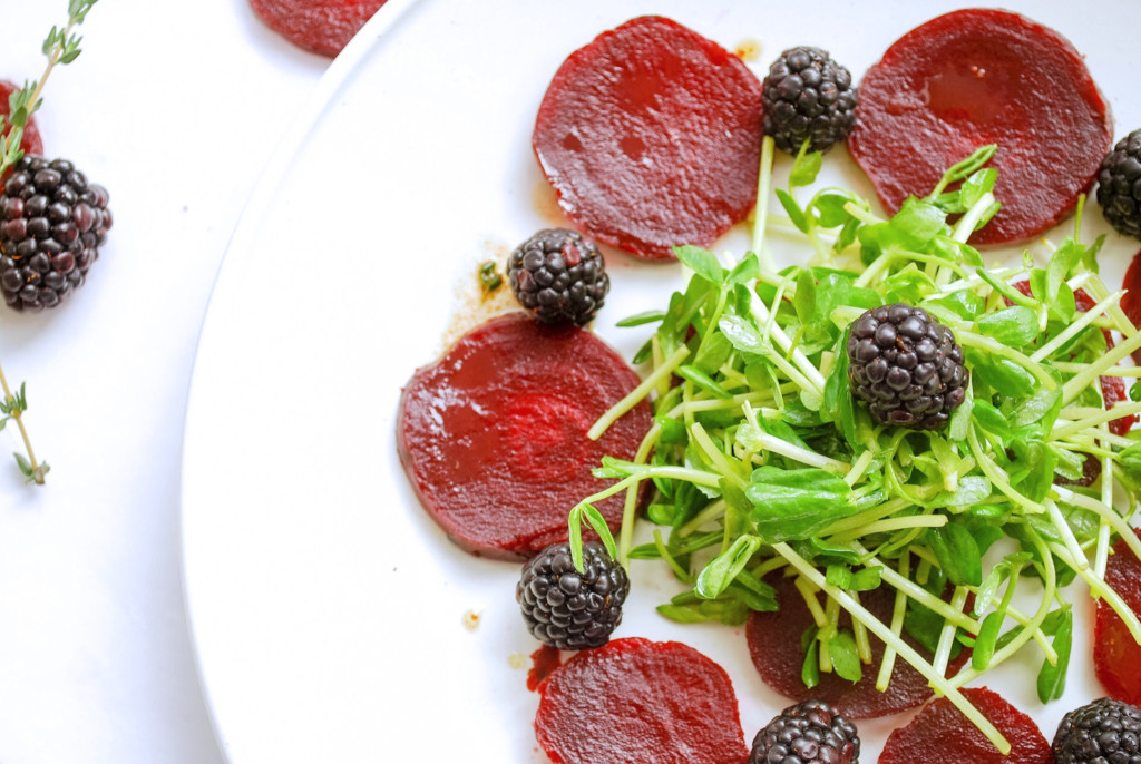 Beet CarpaccioBeet Carpaccio: Beautiful beets accented with tangy blackberries and aromatic thyme. This gluten free and vegan appetizer is sure to impress! || fooduzzi.com