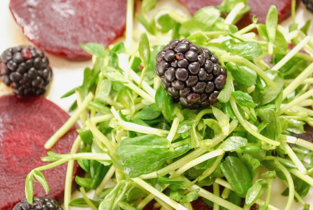 Beet Carpaccio: Beautiful beets accented with tangy blackberries and aromatic thyme. This gluten free and vegan appetizer is sure to impress! || fooduzzi.com