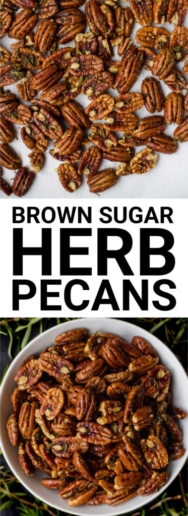 Brown Sugar Herb Pecans: are such a simple and delicious recipe! Perfectly herby and just a little bit sweet for an addictive holiday snack! Naturally vegan and gluten free. || fooduzzi.com recipe