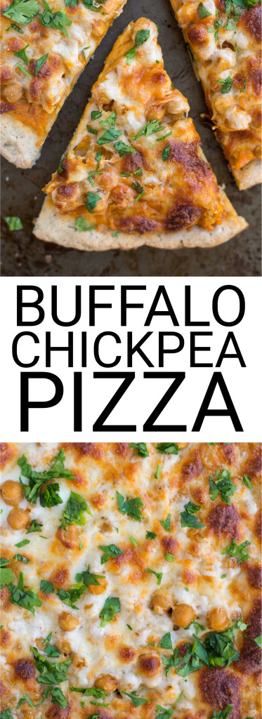 Buffalo Chickpea Pizza: a gluten free and vegetarian alternative to an all-time favorite pizza! The hot sauce-hummus sauce is not to be missed! Vegan option included. || fooduzzi.com recipe