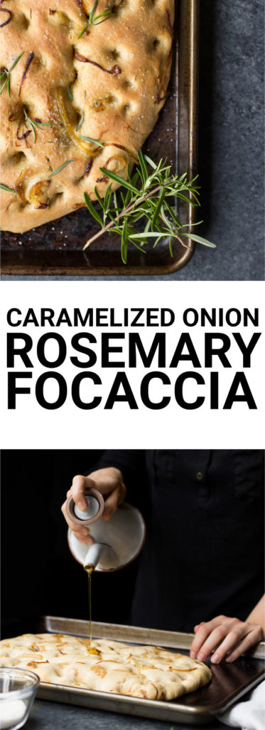 Caramelized Onion Rosemary Focaccia Bread: Tender, rich homemade bread made slightly sweet and herby. Naturally vegan, and the perfect accompaniment to an Italian feast! An easy yeast dough recipe! || fooduzzi.com recipes