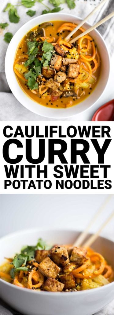 Cauliflower Curry with Sweet Potato Noodles: The most comforting dinner ever! Full of warming flavors and fresh vegetables, this vegan & gluten free curry will keep you feeling awesome. || fooduzzi.com recipe