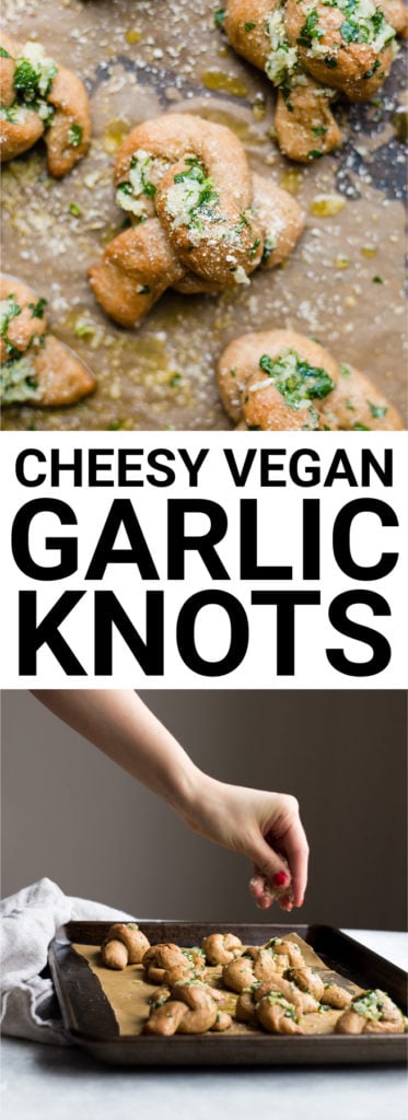 Cheesy Vegan Garlic Knots: Simple, semi-whole wheat garlic knots made vegan and sprinkled with vegan parmesan cheese! Seriously one of the easiest homemade bread recipes you'll ever make! || fooduzzi.com recipe #garlic #homemadebread #vegan