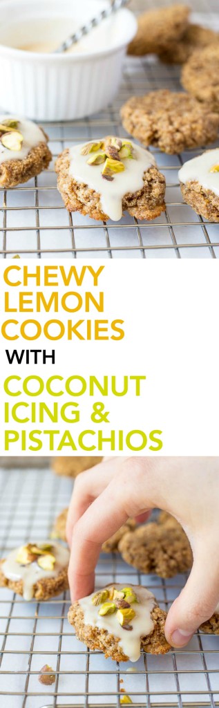 Chewy Lemon Cookies with Coconut Icing and Pistachios: a healthy, gluten free, and vegan cookie that's incredibly chewy and full of fresh flavors! This recipe is refined sugar-free! || fooduzzi.com recipe