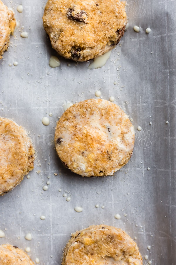 unbaked chocolate peanut scone cookies on a baking sheet