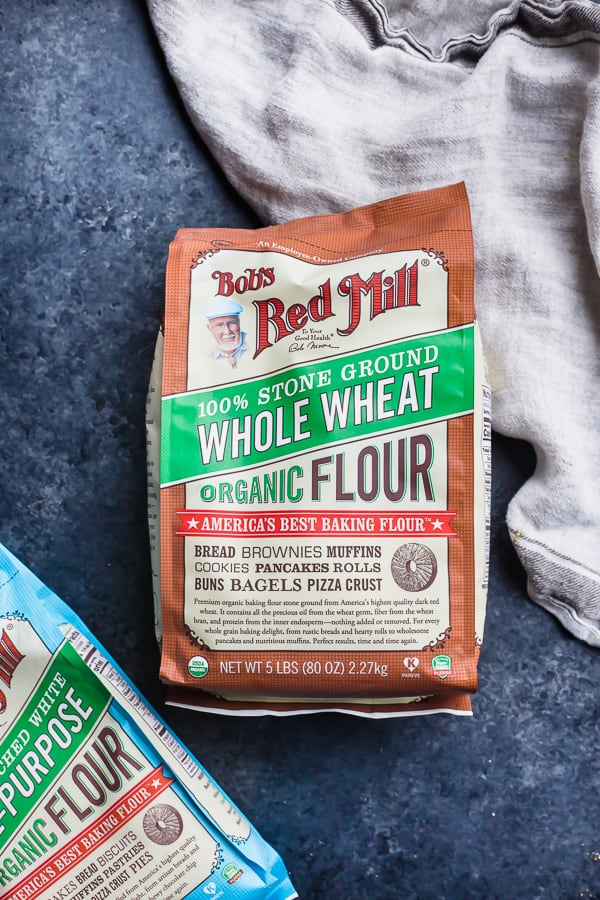 bags of Bob's Red Mill's Organic Whole Wheat and All-Purpose flour