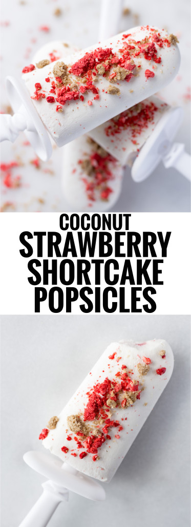 Coconut Strawberry Shortcake Popsicles: a Scooter Crunch copycat recipe! These gluten free and vegan popsicles are made from 7 healthy ingredients that'll keep you cool this summer! || fooduzzi.com recipe