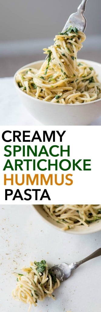 Creamy Spinach Artichoke Hummus Pasta: A healthy, gluten free, and vegan 10 minute meal! You'll love this healthier play on the classic spinach artichoke dip! || fooduzzi.com recipe