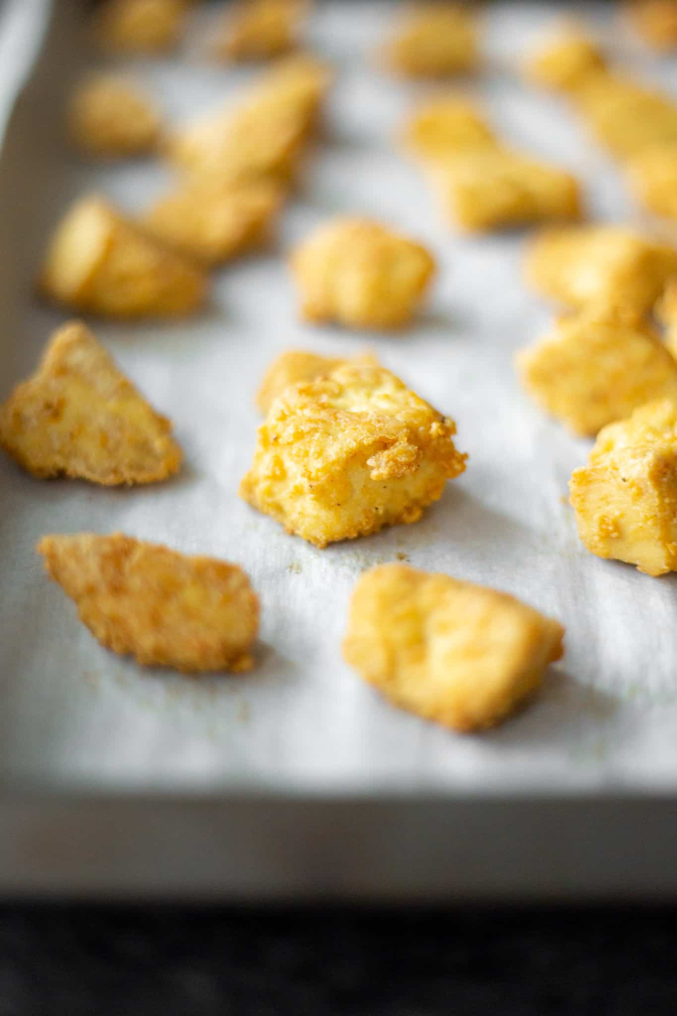 Crispy Baked Tofu Nuggets on a baking sheet