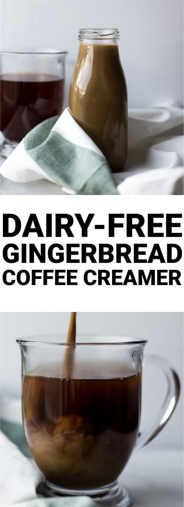 Dairy-Free Gingerbread Coffee Creamer: A dairy-free, vegan, and gluten free coffee creamer filled with the flavors of winter! Only 6 healthy ingredients are required to make this holiday treat! || fooduzzi.com recipe