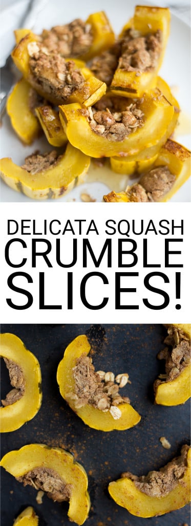 Delicata Squash Crumble Slices: You'll love this sweet and cinnamony crumble stuffed inside of a delicata squash! It's the perfect healthy, gluten free, and vegan side for your holiday festivities! || fooduzzi.com recipe