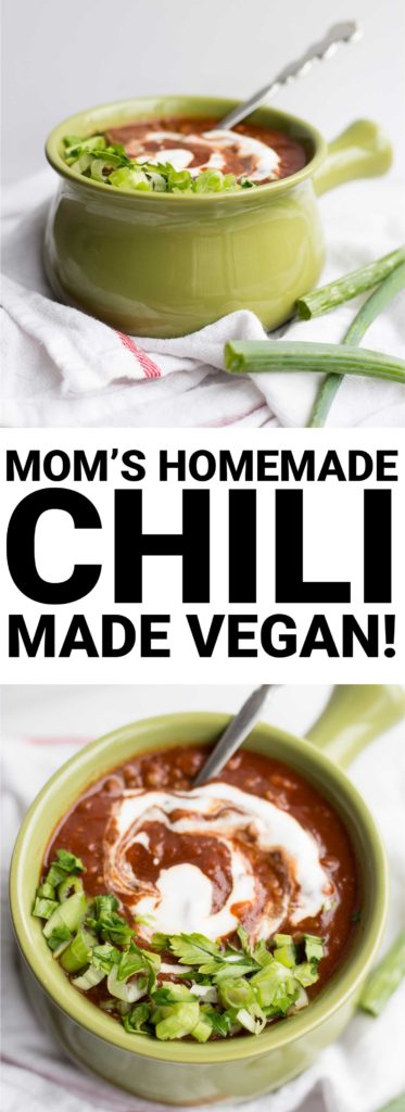 Mom's Homemade Chili Made Vegan: A simple & healthy chili made vegan, gluten free, and with wholesome ingredients. It's sweet, spicy, and smoky, and perfect for a cold winter day! || fooduzzi.com recipe