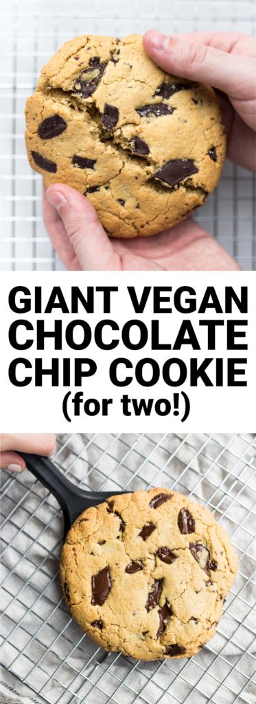 Giant Vegan Chocolate Chip Cookie: A soft and chewy cookie perfectly portioned for one or two! Naturally vegan and gluten free, and ready to eat in just about 20 minutes! || fooduzzi.com recipe