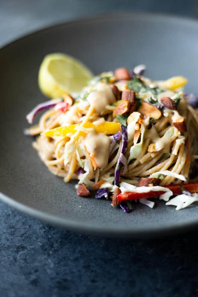 a close-up of Garlicky Gingery Almondy Protein Sauce on noodles and vegetables in a dark bowl