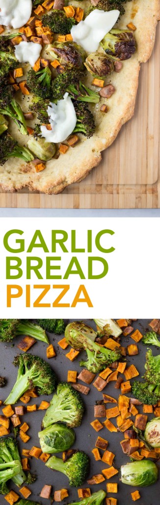 Garlic Bread Pizza with Roasted Vegetables: this gluten free and vegetarian homemade pizza is topped with roasted vegetables, garlic, and cheese! Easily made vegan! || fooduzzi.com recipe