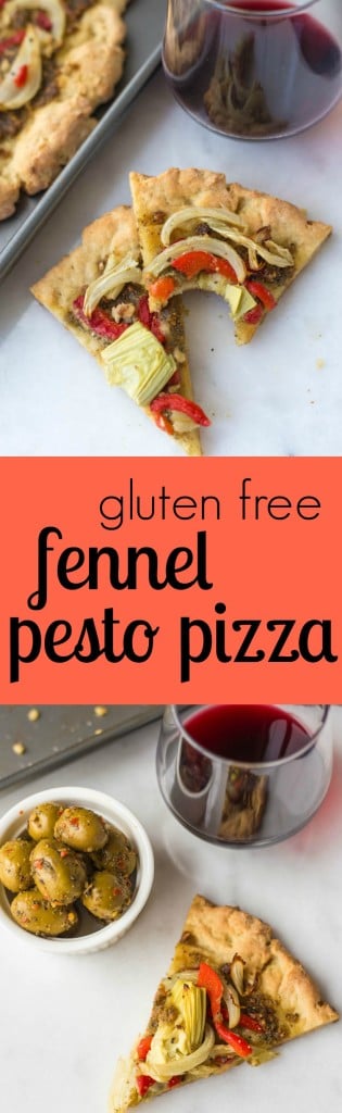 Gluten Free Pesto Pizza: A simple, delicious homemade pizza made with ingredients like pesto, roasted red peppers, and fennel! || fooduzzi.com recipes