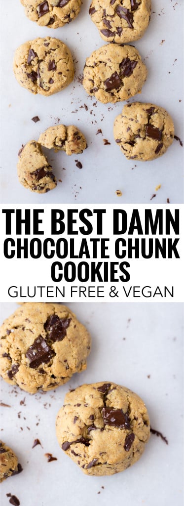 The Best Damn Gluten Free Vegan Chocolate Chunk Cookies: only 7 healthy whole food ingredients are required to make these melt-in-your-mouth chocolate chunk cookies! They bake in only 11 minutes! || fooduzzi.com recipe