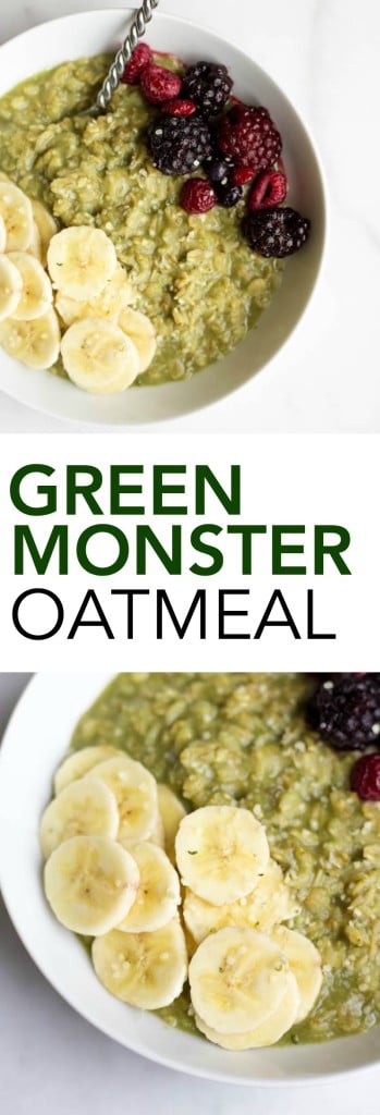 Green Monster Oatmeal: All of the ingredients from your favorite healthy smoothie mixed into a warm, comforting bowl of oatmeal! It's the perfect vegan, gluten free, and healthy breakfast! || fooduzzi.com recipes