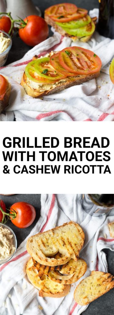 Grilled Bread with Tomatoes and Cashew Ricotta: a 15-minute dinner, appetizer, breakfast, or any-time meal! Naturally gluten free & vegan! || fooduzzi.com recipe
