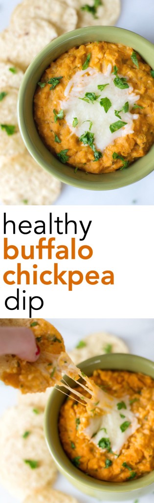 Healthy Buffalo Chickpea Dip: a healthy, vegetarian, and gluten free version of the classic buffalo chicken dip! Great for game day! Vegan option || fooduzzi.com recipes