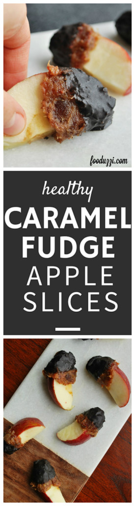 Healthy Caramel Fudge Apple Slices: gluten free and vegan caramel fudge apples?! Best fall treat ever! || fooduzzi.com recipes