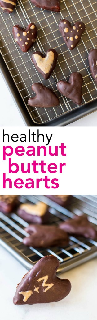 Healthy Peanut Butter Hearts: a vegan, gluten free, and healthy version of Reese's peanut butter hearts! Requires only 5 ingredients and perfect for Valentine's Day! || fooduzzi.com recipes