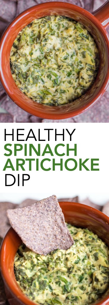 Healthy Spinach Artichoke Dip: A gluten free and vegetarian dip recipe that's the perfect appetizer for the big game or any party! This lightened-up version tastes just as creamy, dreamy, and delicious as the original! [vegan option included] || fooduzzi.com recipes