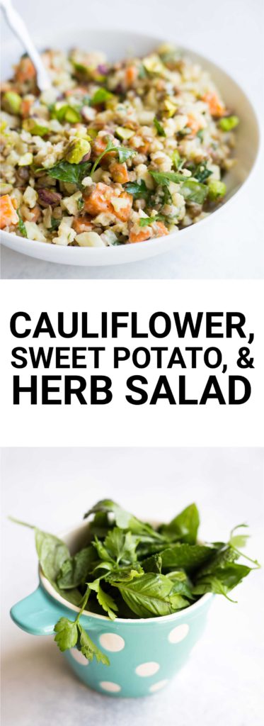Cauliflower, Sweet Potato, & Herb Salad: full of fresh flavors and textures! Naturally vegan & gluten free, it's full of veggies, protein, and herbs! || fooduzzi.com recipe