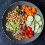 a lettuceless salad of cucumbers, tomatoes, sunflower seeds, green onions, chickpeas, olives, and carrots in a dark grey bowl