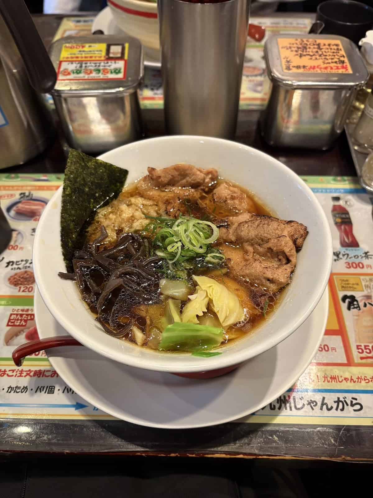 The vegan ramen at Kyushu Jangara in Tokyo in a white bowl