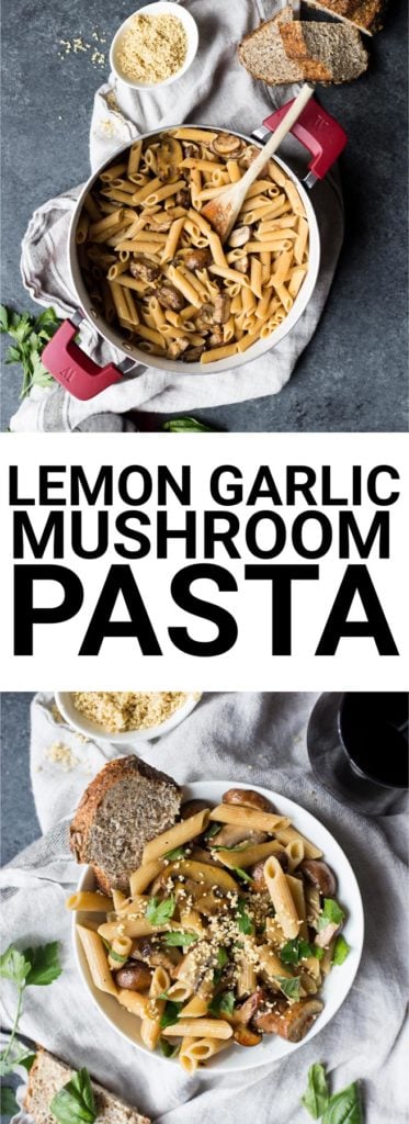 Lemon Garlic Mushroom Pasta: A simple, healthy, and satisfying pasta perfect for a weekday meal! Naturally vegan and easily made gluten free, and it's a 20 minute meal! || fooduzzi.com recipe
