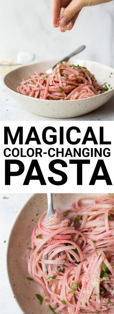Magical Color-Changing Pasta: An edible science project! A naturally dyed pasta made with purple cabbage and tossed with a light Lemon Garlic Olive Oil sauce! Naturally gluten free and vegan. || fooduzzi.com recipe