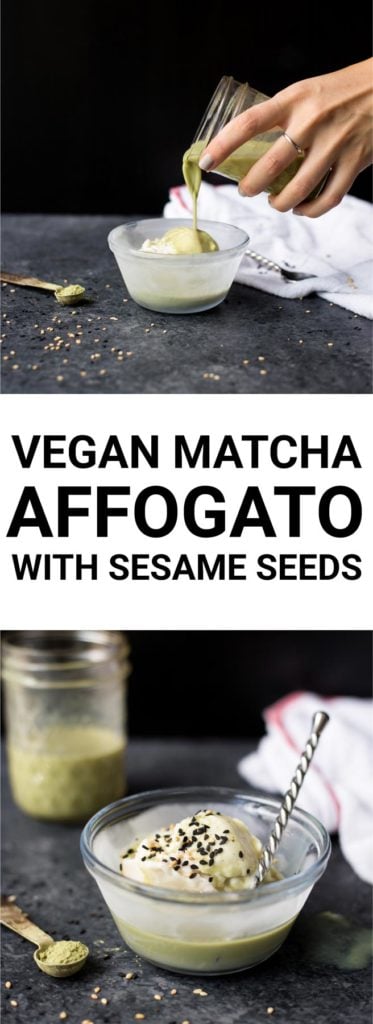 Vegan Matcha Affogato with Sesame Seeds: A fun vegan twist on the Italian dessert! Requires less than 5 ingredients and is ready in minutes. || fooduzzi.com recipe