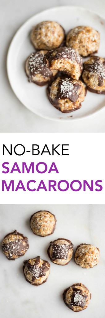 No-Bake Samoa Macaroons: A fun and easy play on the classic Girl Scout Cookie that's vegan, gluten free, refined sugar-free, and healthy! This no-bake dessert only requires 6 ingredients! || fooduzzi.com recipes