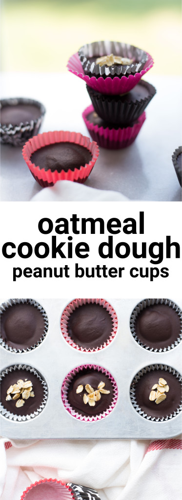 Oatmeal Cookie Dough Peanut Butter Cups: A healthy no-bake dessert that's a hybrid between cookie dough and peanut butter cups! It's vegan, gluten free, and refined sugar-free! || fooduzzi.com recipe