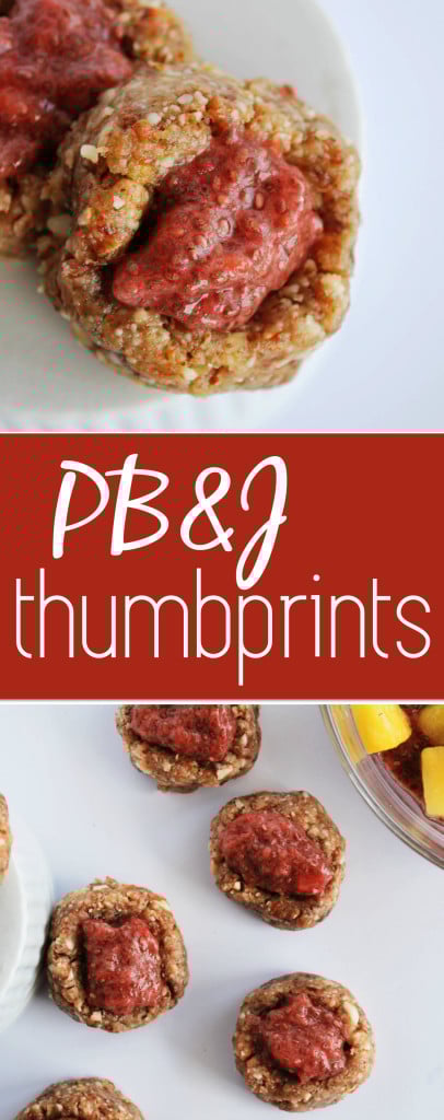 PB&J Thumbprints: These gluten free, vegan, and paleo PB&J Thumbprints are filled with delicious whole foods and topped with a tropical Strawberry & Pineapple Chia Jam! || fooduzzi.com