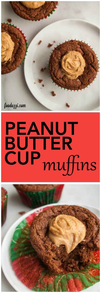 Peanut Butter Cup Muffins: A chocolate-peanut butter breakfast treat that's gluten free, vegan, refined sugar-free, and healthy! Seriously simple and delicious! || fooduzzi.com recipes
