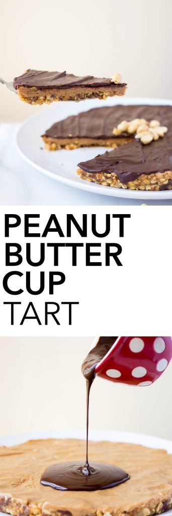 Peanut Butter Cup Tart: An easy, no-bake, gluten free, and vegan dessert that tastes like a Reese's Peanut Butter Cup! Only 7 ingredients are required for this healthy recipe! || fooduzzi.com recipe