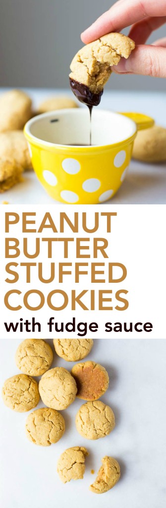 Peanut Butter Stuffed Cookies with Fudge Sauce: these gluten free and vegan cookies are the softest, chewiest peanut butter cookies you'll ever have! They're stuffed with even more peanut butter and served with a healthy homemade fudge sauce! || fooduzzi.com recipe