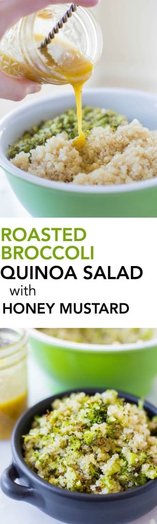 Roasted Broccoli Quinoa Salad with Honey Mustard Dressing: a quick and easy 30-minute meal that's loaded with healthy ingredients and delicious flavors! It's gluten free and vegetarian, with a simple swap to make it vegan! || fooduzzi.com recipe