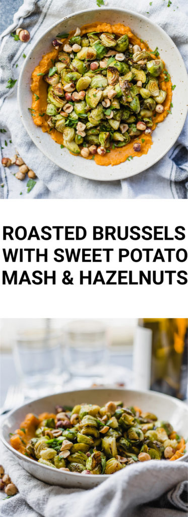 collage of roasted brussels sprouts with sweet potato mash and hazelnuts