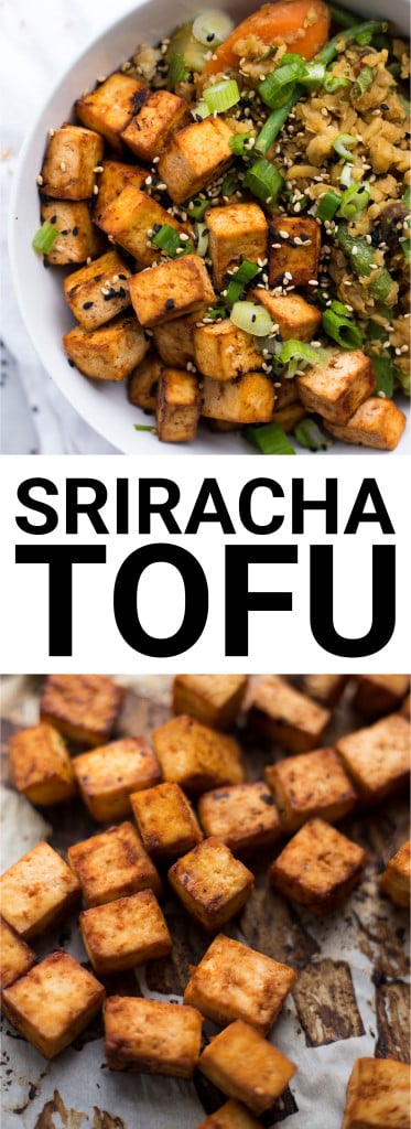 Sriracha Tofu: A sweet and spicy baked tofu that requires only 4 ingredients! A perfect vegan and gluten free protein served alongside some fried rice or stir fry. || fooduzzi.com recipe