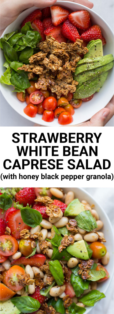 Strawberry White Bean Caprese Salad with Honey Black Pepper Granola: an incredibly simple vegan and gluten free caprese salad that's full of summer fruits, vegetables, and herbs! Topped with a crunchy sweet + savory granola crouton! || fooduzzi.com recipe