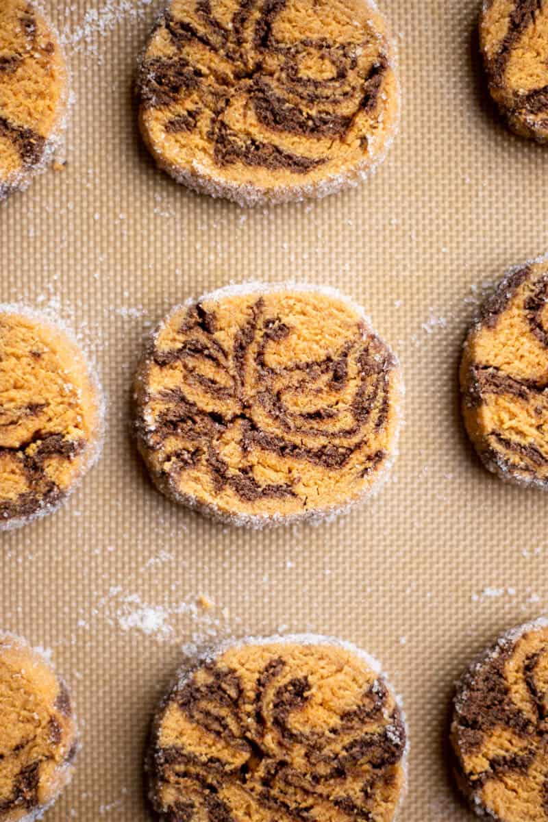 tray of baked Swirled Chocolate Peanut Butter Slice & Bake Cookies