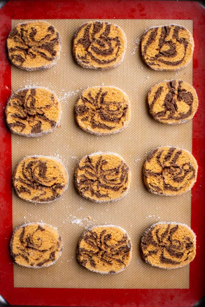 tray of baked Swirled Chocolate Peanut Butter Slice & Bake Cookies